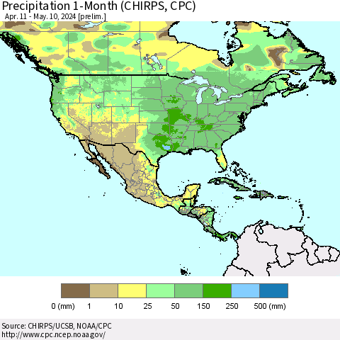 North America Precipitation 1-Month (CHIRPS) Thematic Map For 4/11/2024 - 5/10/2024