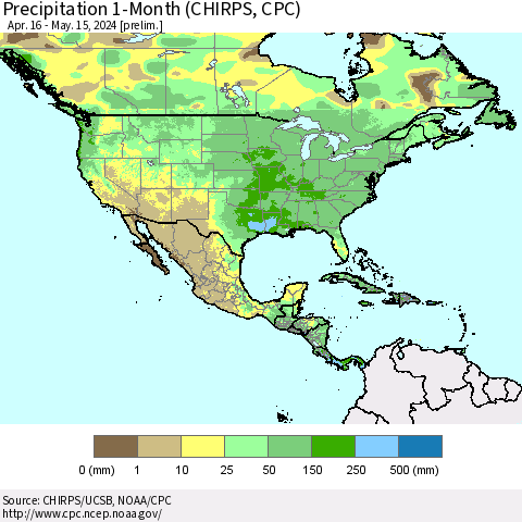North America Precipitation 1-Month (CHIRPS) Thematic Map For 4/16/2024 - 5/15/2024