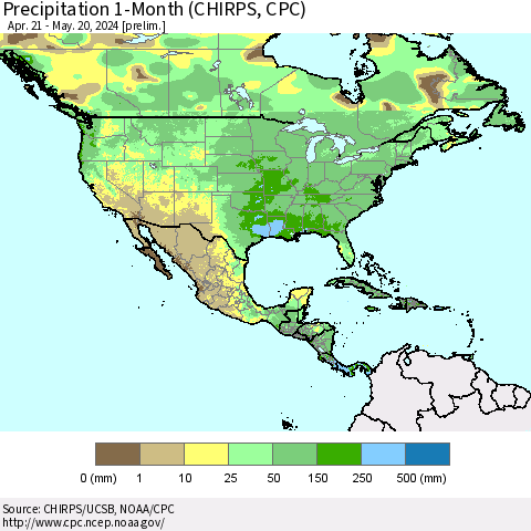 North America Precipitation 1-Month (CHIRPS) Thematic Map For 4/21/2024 - 5/20/2024