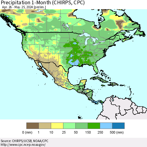North America Precipitation 1-Month (CHIRPS) Thematic Map For 4/26/2024 - 5/25/2024
