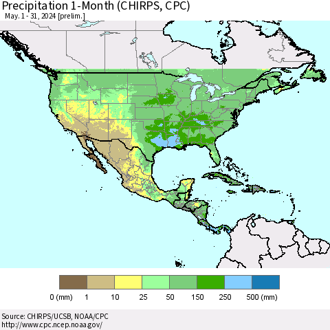 North America Precipitation 1-Month (CHIRPS) Thematic Map For 5/1/2024 - 5/31/2024