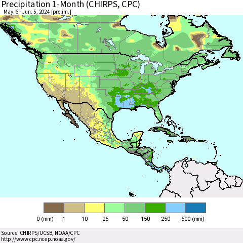 North America Precipitation 1-Month (CHIRPS) Thematic Map For 5/6/2024 - 6/5/2024