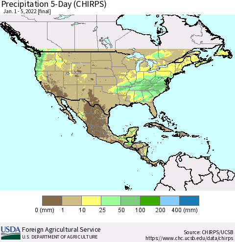 North America Precipitation 5-Day (CHIRPS) Thematic Map For 1/1/2022 - 1/5/2022