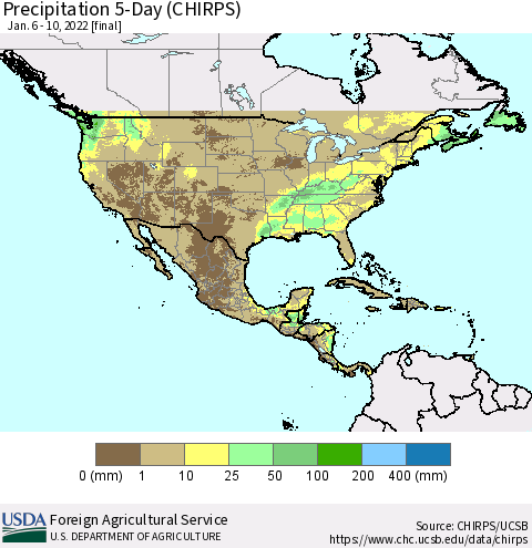 North America Precipitation 5-Day (CHIRPS) Thematic Map For 1/6/2022 - 1/10/2022