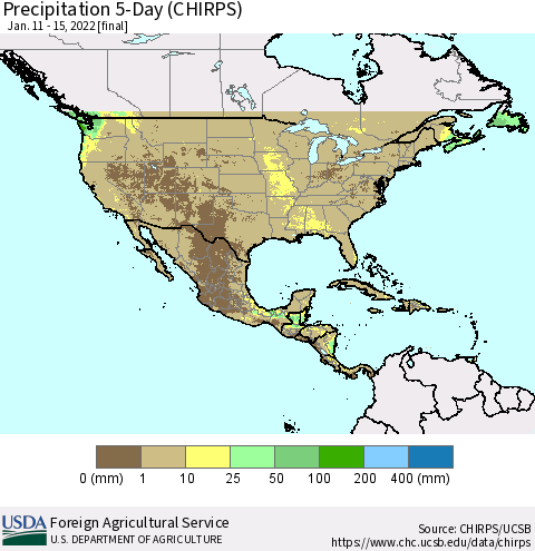 North America Precipitation 5-Day (CHIRPS) Thematic Map For 1/11/2022 - 1/15/2022