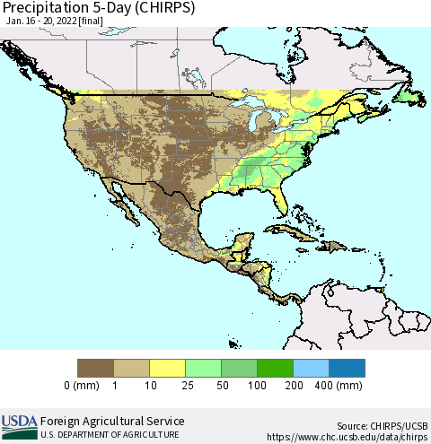 North America Precipitation 5-Day (CHIRPS) Thematic Map For 1/16/2022 - 1/20/2022