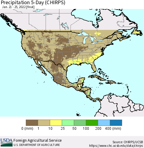 North America Precipitation 5-Day (CHIRPS) Thematic Map For 1/21/2022 - 1/25/2022