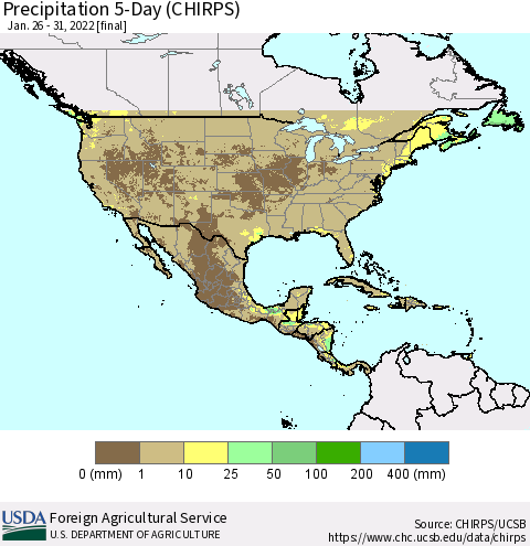 North America Precipitation 5-Day (CHIRPS) Thematic Map For 1/26/2022 - 1/31/2022
