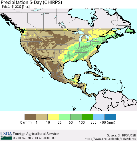 North America Precipitation 5-Day (CHIRPS) Thematic Map For 2/1/2022 - 2/5/2022