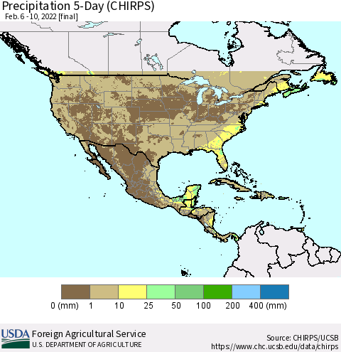 North America Precipitation 5-Day (CHIRPS) Thematic Map For 2/6/2022 - 2/10/2022