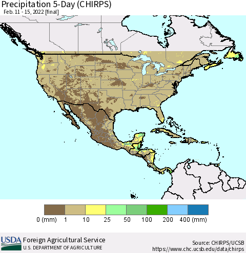North America Precipitation 5-Day (CHIRPS) Thematic Map For 2/11/2022 - 2/15/2022