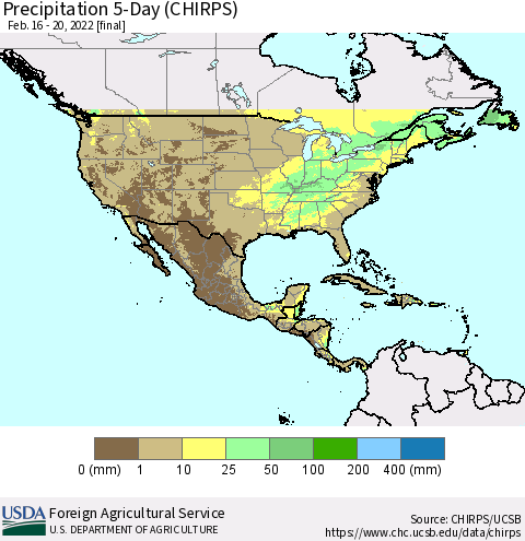 North America Precipitation 5-Day (CHIRPS) Thematic Map For 2/16/2022 - 2/20/2022