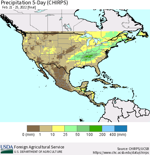 North America Precipitation 5-Day (CHIRPS) Thematic Map For 2/21/2022 - 2/25/2022