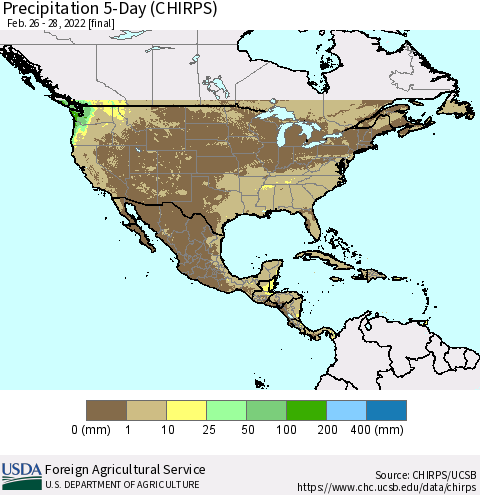 North America Precipitation 5-Day (CHIRPS) Thematic Map For 2/26/2022 - 2/28/2022
