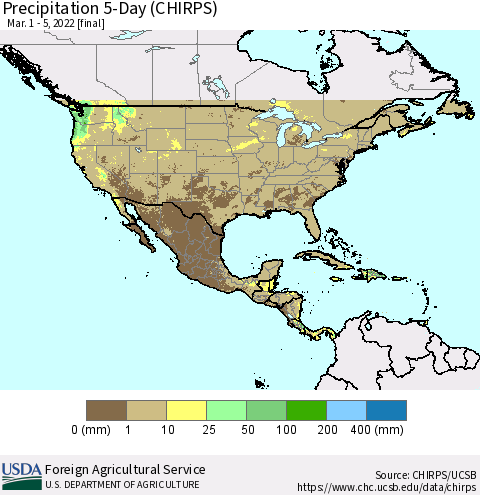 North America Precipitation 5-Day (CHIRPS) Thematic Map For 3/1/2022 - 3/5/2022