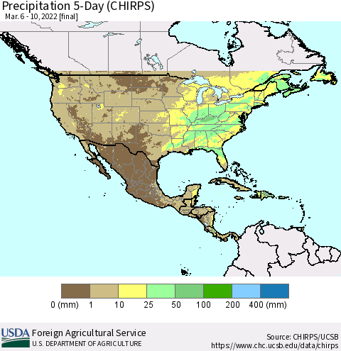 North America Precipitation 5-Day (CHIRPS) Thematic Map For 3/6/2022 - 3/10/2022