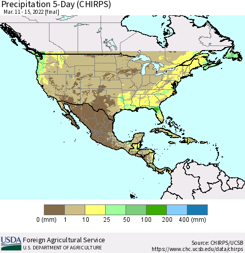 North America Precipitation 5-Day (CHIRPS) Thematic Map For 3/11/2022 - 3/15/2022