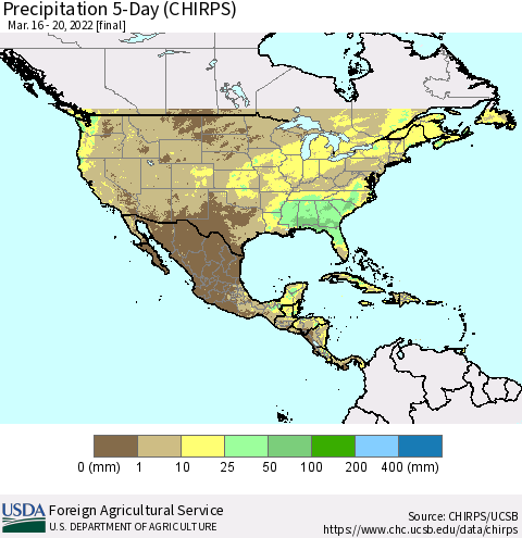 North America Precipitation 5-Day (CHIRPS) Thematic Map For 3/16/2022 - 3/20/2022
