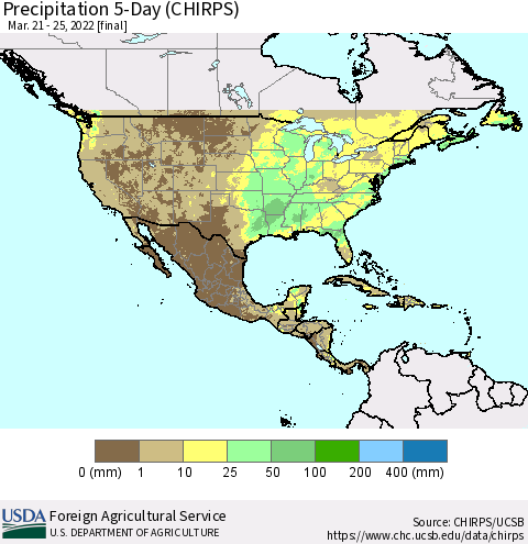 North America Precipitation 5-Day (CHIRPS) Thematic Map For 3/21/2022 - 3/25/2022