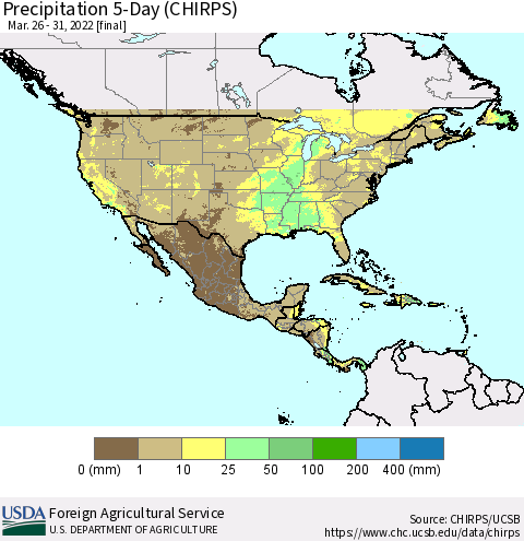 North America Precipitation 5-Day (CHIRPS) Thematic Map For 3/26/2022 - 3/31/2022