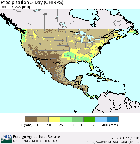 North America Precipitation 5-Day (CHIRPS) Thematic Map For 4/1/2022 - 4/5/2022