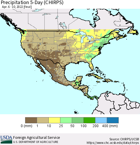 North America Precipitation 5-Day (CHIRPS) Thematic Map For 4/6/2022 - 4/10/2022