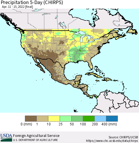 North America Precipitation 5-Day (CHIRPS) Thematic Map For 4/11/2022 - 4/15/2022