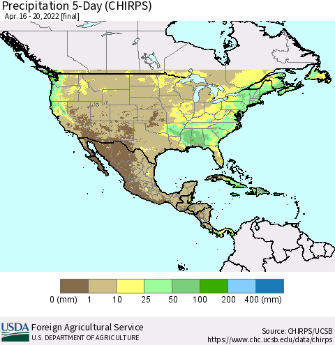North America Precipitation 5-Day (CHIRPS) Thematic Map For 4/16/2022 - 4/20/2022