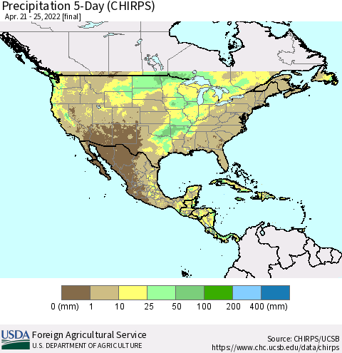 North America Precipitation 5-Day (CHIRPS) Thematic Map For 4/21/2022 - 4/25/2022