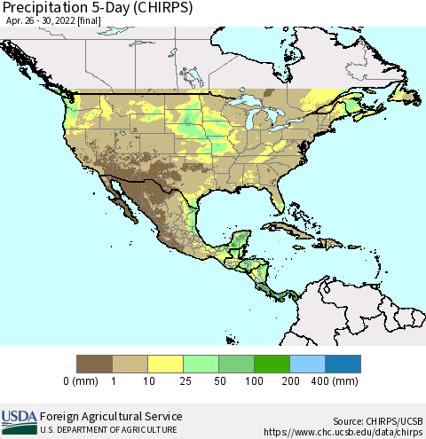 North America Precipitation 5-Day (CHIRPS) Thematic Map For 4/26/2022 - 4/30/2022