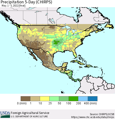 North America Precipitation 5-Day (CHIRPS) Thematic Map For 5/1/2022 - 5/5/2022