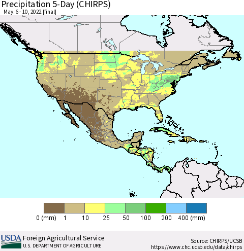North America Precipitation 5-Day (CHIRPS) Thematic Map For 5/6/2022 - 5/10/2022