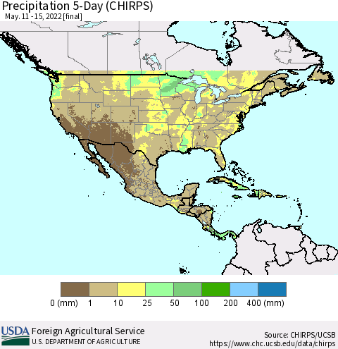 North America Precipitation 5-Day (CHIRPS) Thematic Map For 5/11/2022 - 5/15/2022