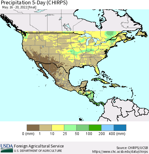 North America Precipitation 5-Day (CHIRPS) Thematic Map For 5/16/2022 - 5/20/2022