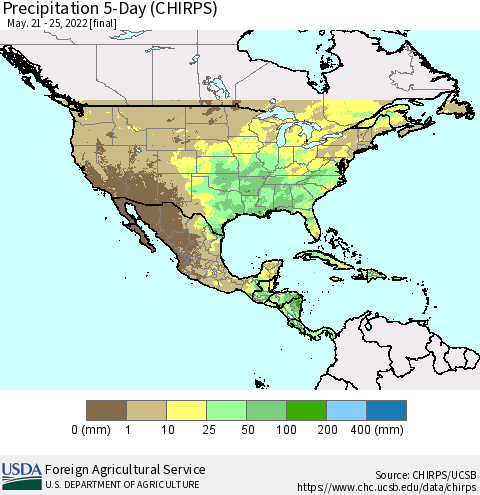 North America Precipitation 5-Day (CHIRPS) Thematic Map For 5/21/2022 - 5/25/2022