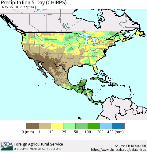 North America Precipitation 5-Day (CHIRPS) Thematic Map For 5/26/2022 - 5/31/2022
