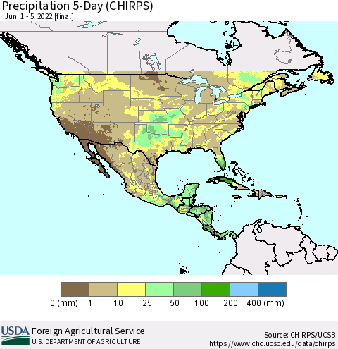 North America Precipitation 5-Day (CHIRPS) Thematic Map For 6/1/2022 - 6/5/2022