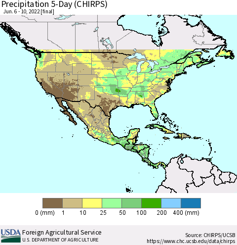 North America Precipitation 5-Day (CHIRPS) Thematic Map For 6/6/2022 - 6/10/2022