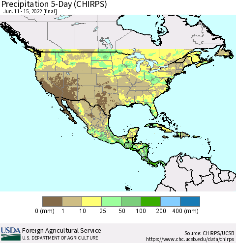 North America Precipitation 5-Day (CHIRPS) Thematic Map For 6/11/2022 - 6/15/2022