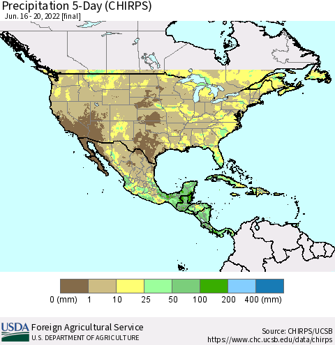 North America Precipitation 5-Day (CHIRPS) Thematic Map For 6/16/2022 - 6/20/2022