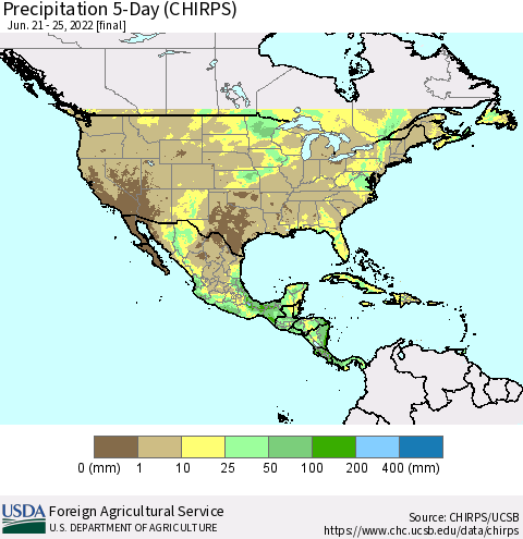 North America Precipitation 5-Day (CHIRPS) Thematic Map For 6/21/2022 - 6/25/2022