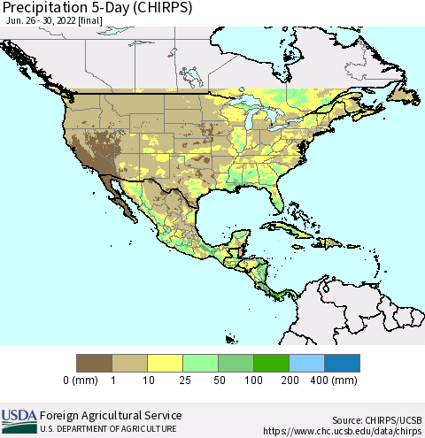 North America Precipitation 5-Day (CHIRPS) Thematic Map For 6/26/2022 - 6/30/2022