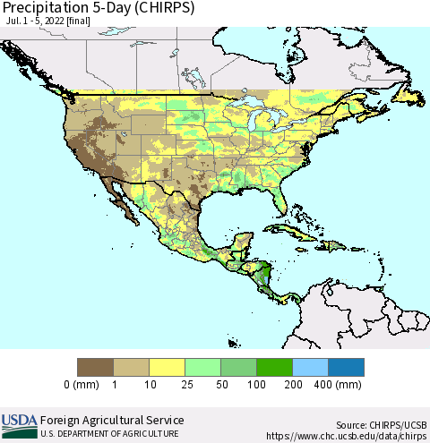 North America Precipitation 5-Day (CHIRPS) Thematic Map For 7/1/2022 - 7/5/2022