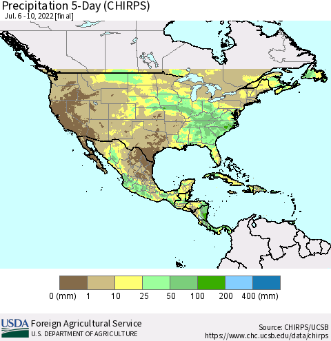 North America Precipitation 5-Day (CHIRPS) Thematic Map For 7/6/2022 - 7/10/2022