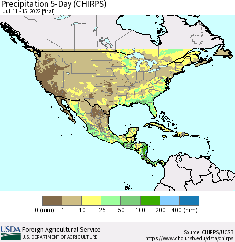 North America Precipitation 5-Day (CHIRPS) Thematic Map For 7/11/2022 - 7/15/2022