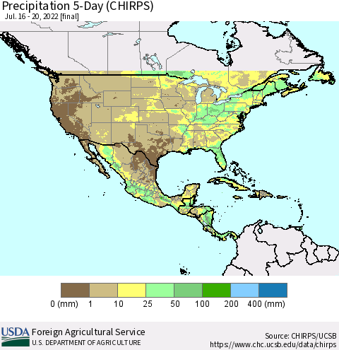 North America Precipitation 5-Day (CHIRPS) Thematic Map For 7/16/2022 - 7/20/2022