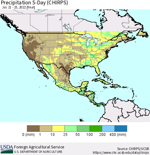 North America Precipitation 5-Day (CHIRPS) Thematic Map For 7/21/2022 - 7/25/2022