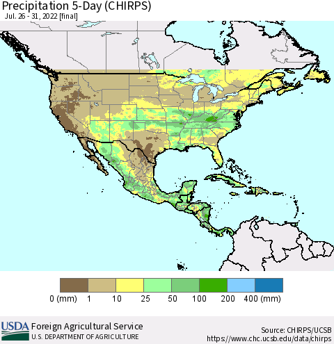 North America Precipitation 5-Day (CHIRPS) Thematic Map For 7/26/2022 - 7/31/2022