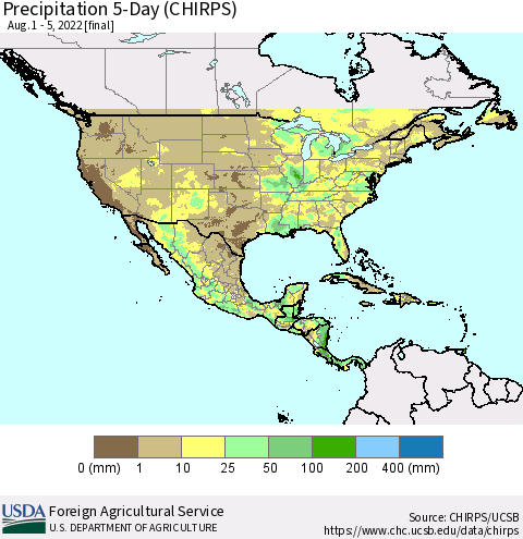 North America Precipitation 5-Day (CHIRPS) Thematic Map For 8/1/2022 - 8/5/2022
