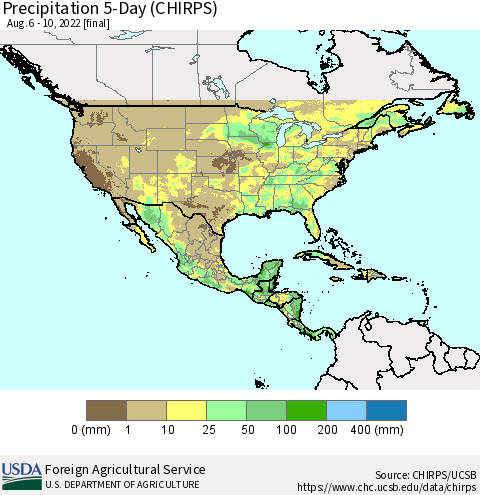 North America Precipitation 5-Day (CHIRPS) Thematic Map For 8/6/2022 - 8/10/2022